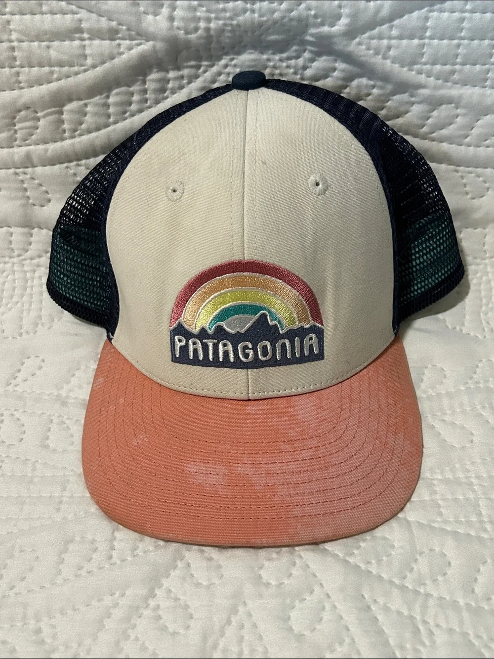 Patagonia Kids Trucker Hat with Rainbow Patch in Cream, Coral & Navy